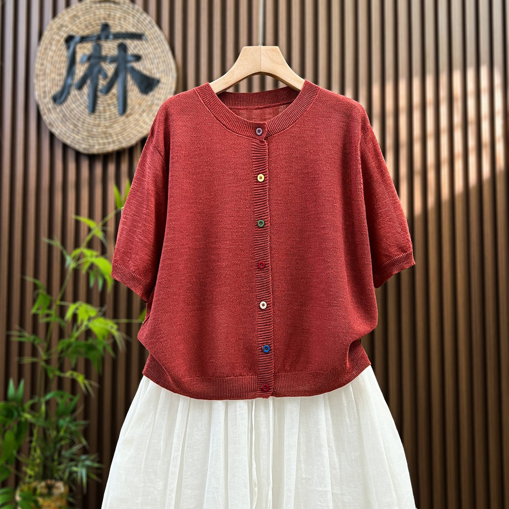 【夏日薄款】大码圆领竹节麻针织开衫女短袖外搭短款披肩上衣女