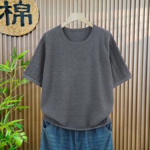 【轻薄透气】超好看韩系圆领中袖套头t恤女款宽松针织衫短款上衣