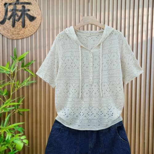 【清凉透气】夏季薄款短袖镂空连帽t恤女新款宽松针织衫短款上衣