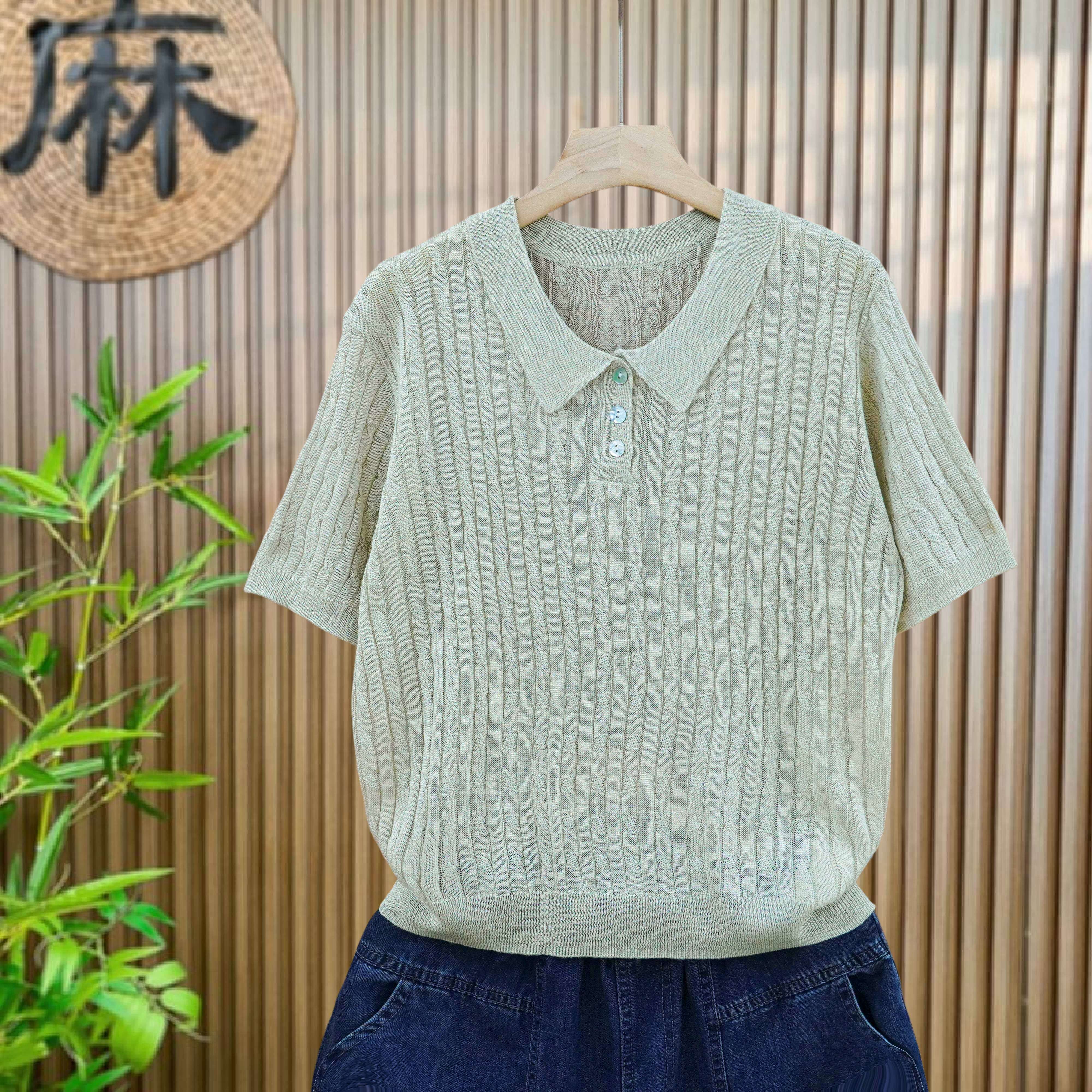 【清凉透气】大码夏季薄款短袖t恤女宽松亚麻针织polo衫短款上衣图片