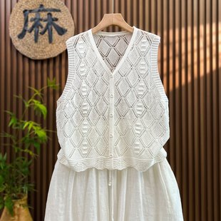无袖 外搭 清凉夏日 女短款 薄款 马甲新款 镂空竹节麻针织开衫 夏季