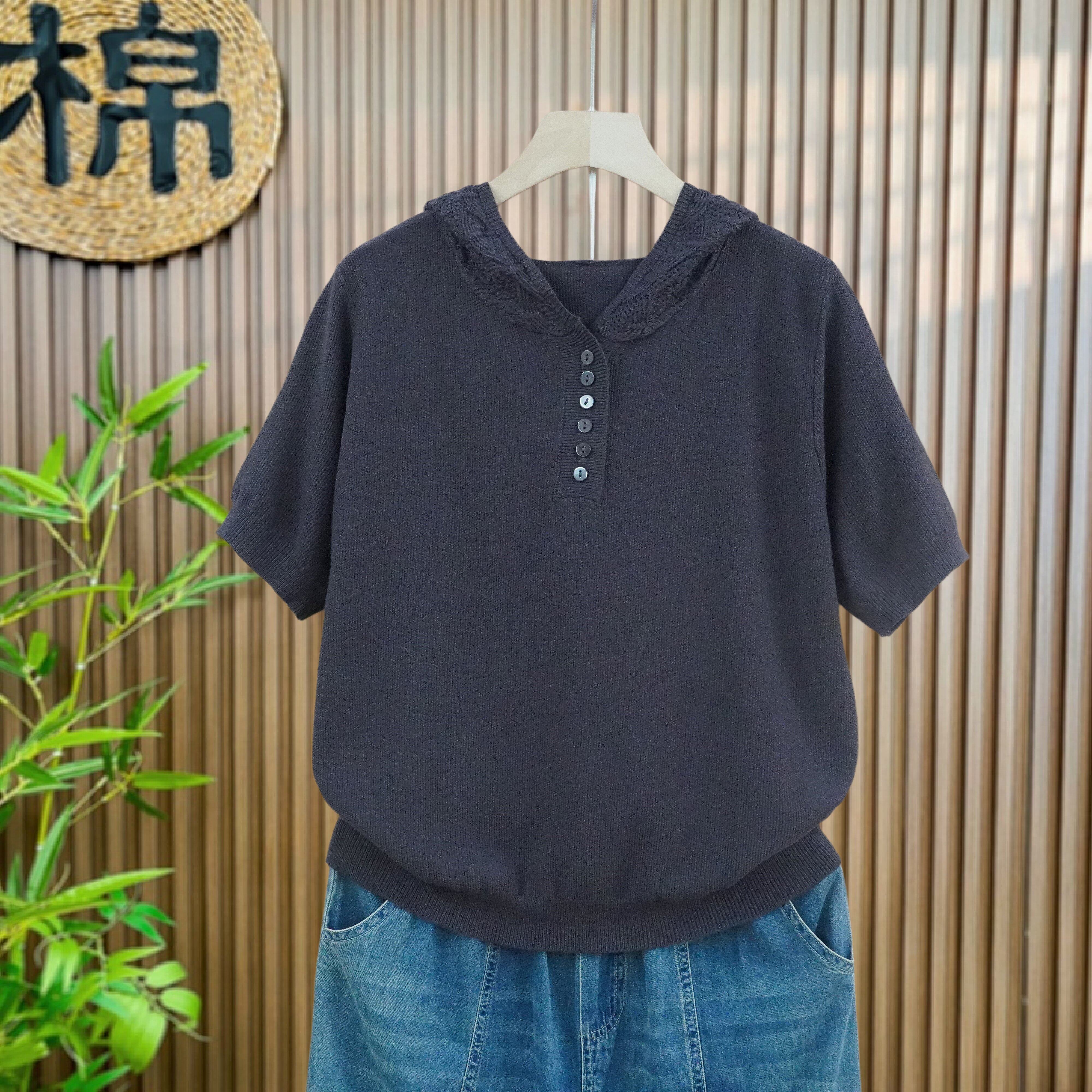 【夏季透气】超火v领中袖连帽套头t恤女新款宽松针织衫短款上衣