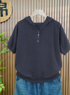 【夏季透气】超火v领中袖连帽套头t恤女新款宽松针织衫短款上衣
