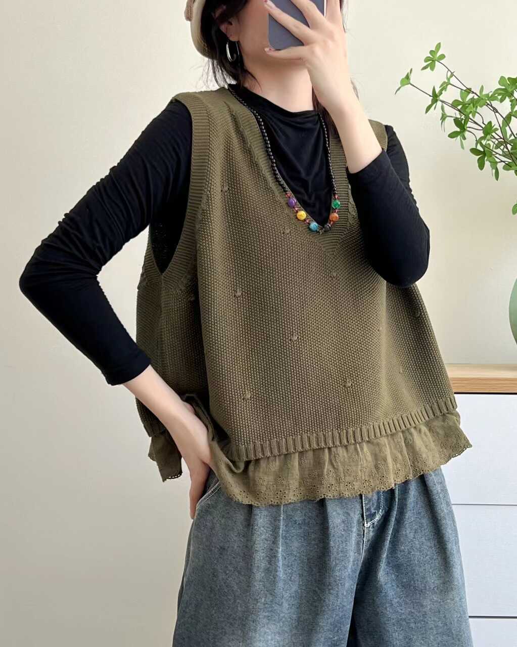 大码纯棉线春秋针织马甲背心叠穿女外穿宽松V领无袖马夹坎肩