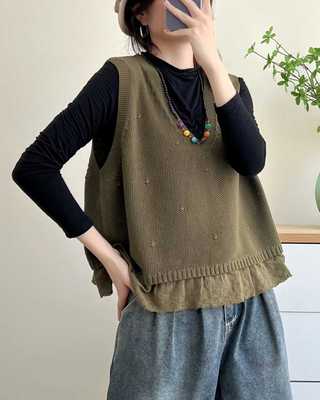 大码纯棉线春秋针织马甲背心叠穿女外穿宽松V领无袖马夹坎肩