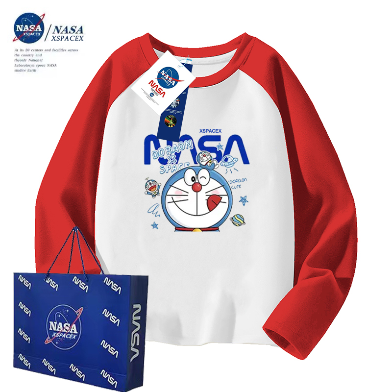 NASA联名哆啦a梦儿童纯棉短袖T恤男中大童夏季插肩袖上衣女童装潮