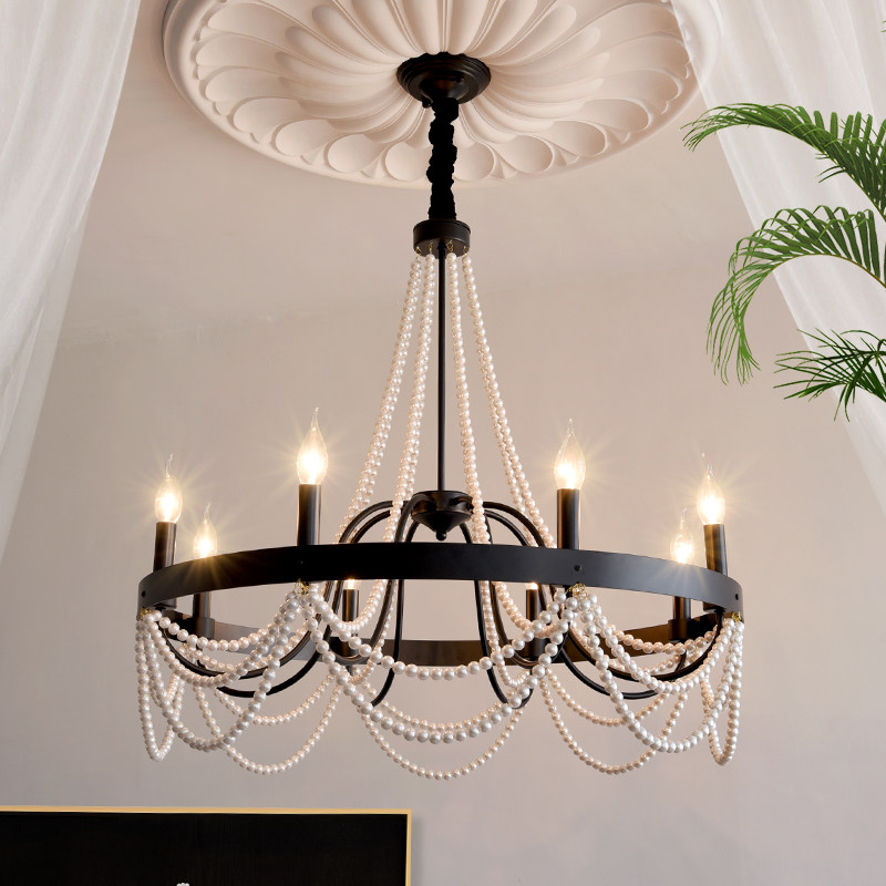 法式田园珍珠楼梯大气客厅灯主卧室吊灯美式别墅复式复古蜡烛黑色