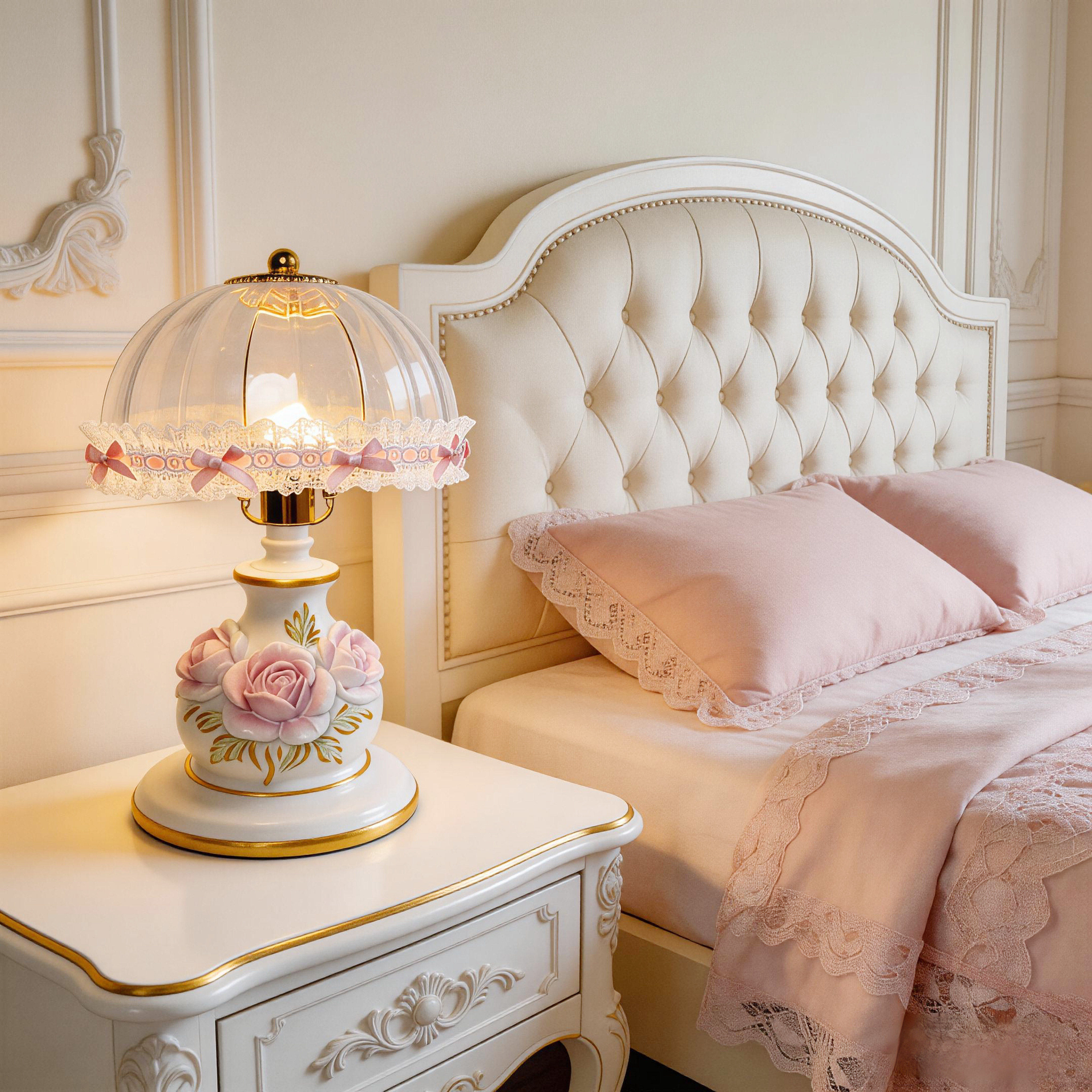 欧式复古台灯卧室床头灯玫瑰花蕾丝装饰温馨浪漫ins少女公主房间