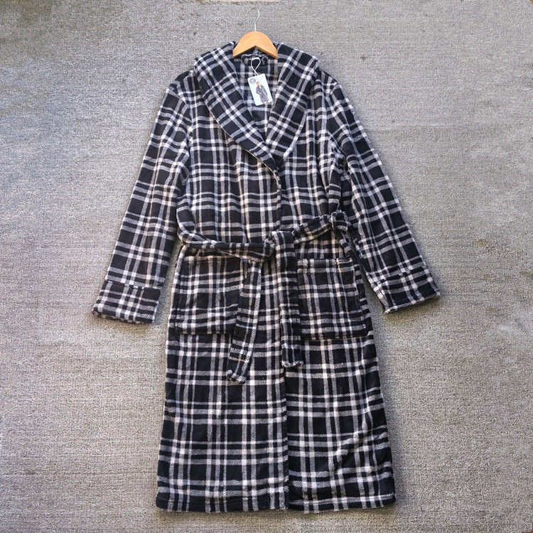 外贸原单出口欧美男士秋冬季珊瑚绒休闲格子长款浴袍睡袍晨袍大码