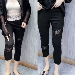 女八分2026夏季 弹力裤 薄款 显瘦小脚裤 修身 欧货蕾丝拼接纸皮裤