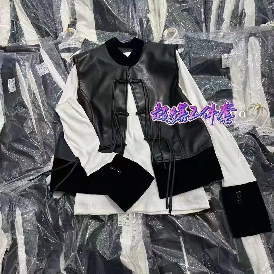 中式立领pu皮质马甲T恤衫两件套女盘扣设计感拼接宽松马夹套装潮,女装/女士精品,马夹,淘宝优惠券,粉丝福利购,淘宝优惠卷