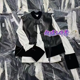 中式立领pu皮质马甲T恤衫两件套女盘扣设计感拼接宽松马夹套装潮