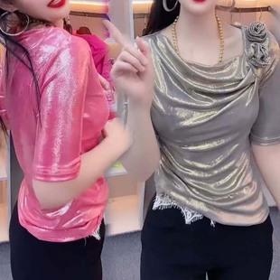 顯瘦性感一字領半袖 上衣女潮 T恤夏不規則修身 設計感立體花朵短袖