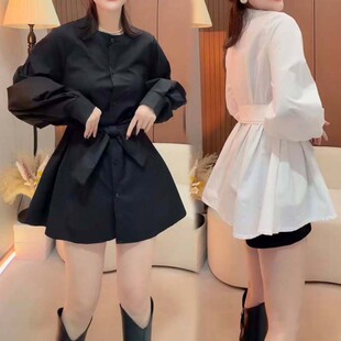 秋冬设计感灯笼袖蝴蝶结长袖衬衫女韩版显瘦收腰中长款打底衫上衣