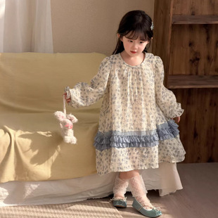 2026春夏新款女童雪纺碎花连衣裙儿童韩版小清新拼条公主连衣裙