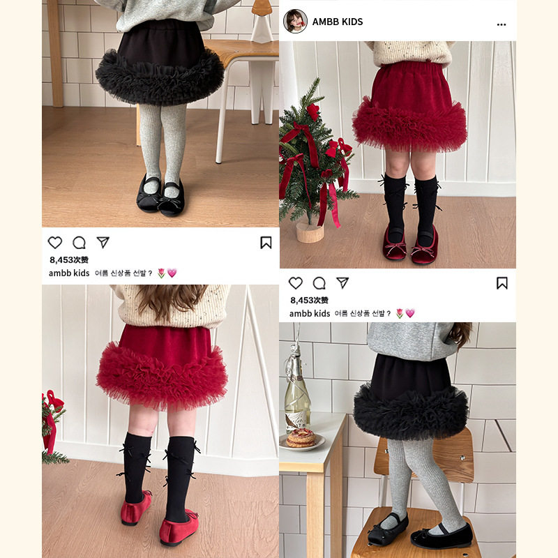 圣诞新年氛围感半身裙女童保暖复合一体绒短裙子时髦蓬蓬网纱裙