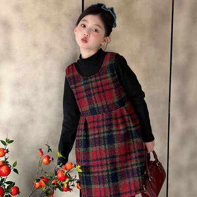 2025冬童装女童高领打底衫英伦格子毛呢背心裙套装女宝两件套