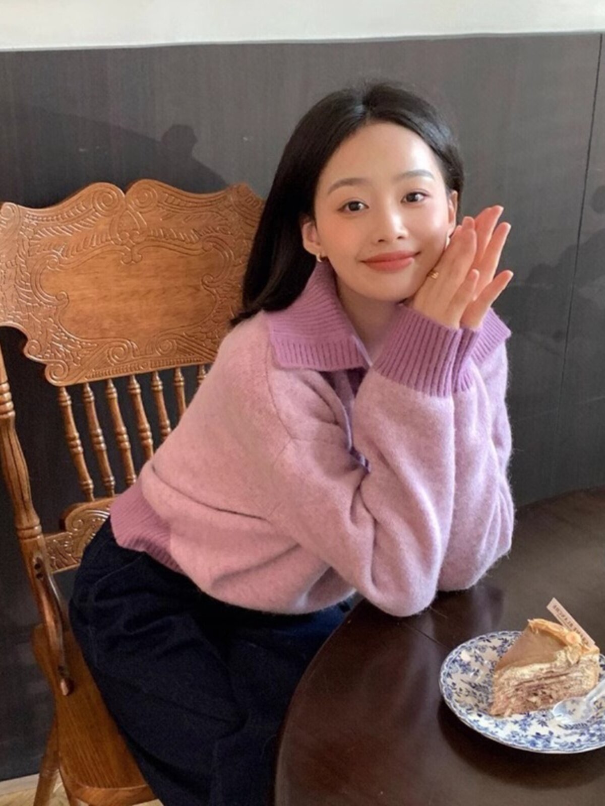 GROVE FOREVER 봄 가을 신상 고단 니치 니트 스웨터 대비색 라펠 스웨터