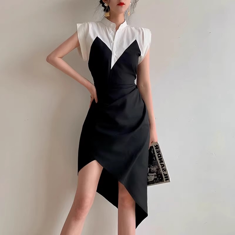  Black and white stitching dress+L  