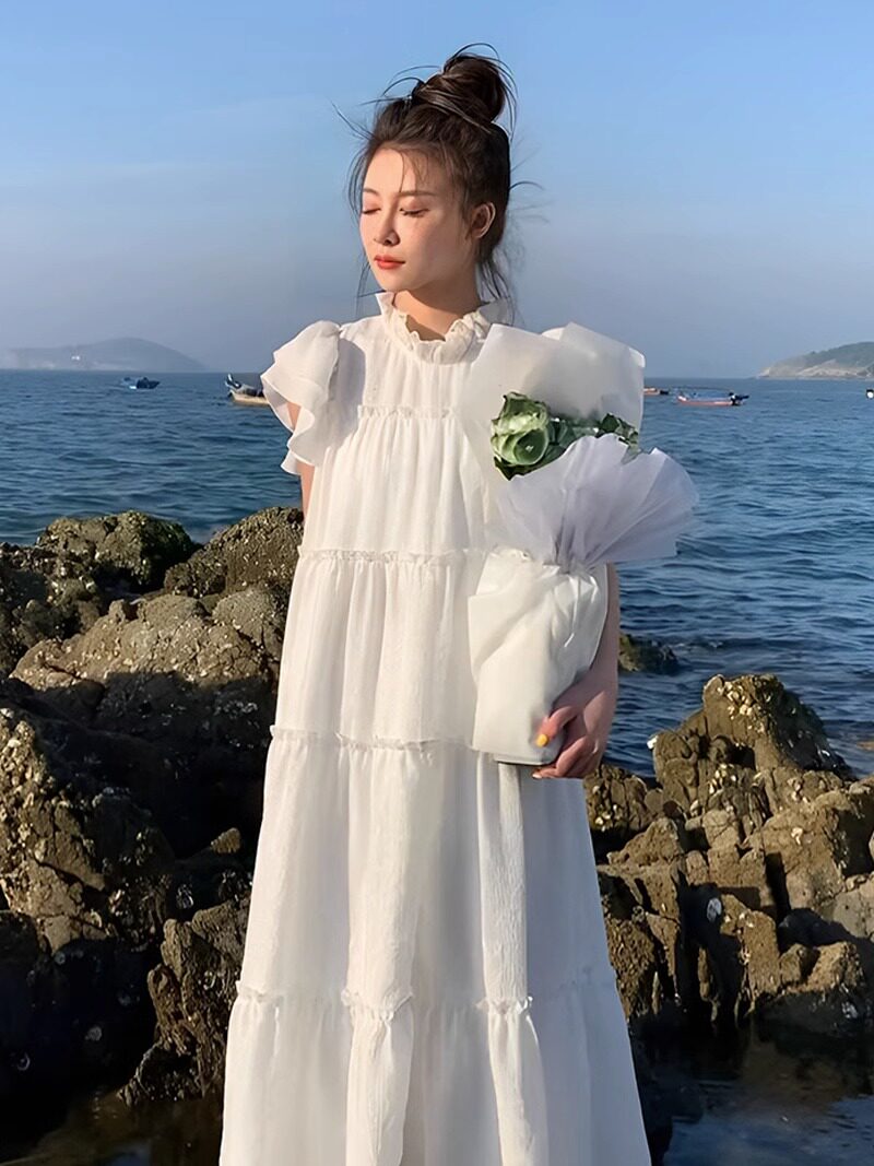 GROVE FOREVER 여름 신작 프렌치 화이트 곰팡이 드레스 작은 남자 플라잉 슬리브 케이크 드레스