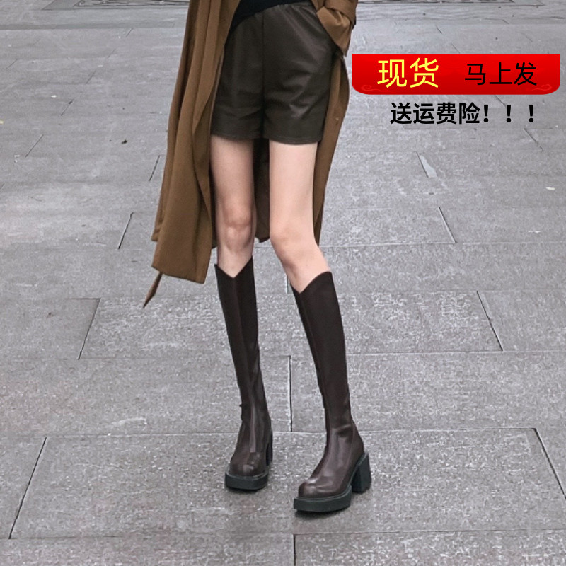 显腿直V口长筒靴女厚底不过膝长靴小个子高跟骑士靴小鸟腿高筒靴