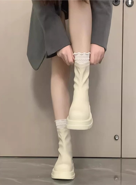 白色短靴女款春秋季厚底弹力马丁靴粗跟圆头切尔西靴后拉链瘦瘦靴