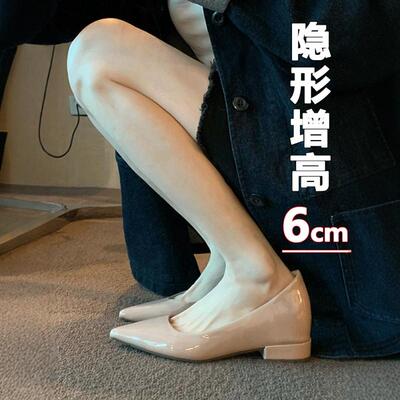 春秋法式裸色尖头粗跟单鞋女浅口鞋子内增高一脚蹬百搭通勤女鞋