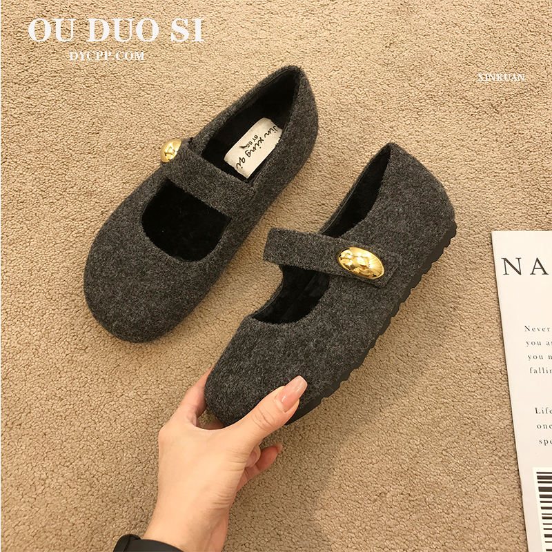 圆头复古软底毛毛鞋加绒玛丽珍鞋女2025秋冬毛呢森系内增高博肯鞋