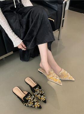 2025夏款新中式国风凉拖鞋刺绣花包头半拖鞋女外穿尖头平底穆勒鞋