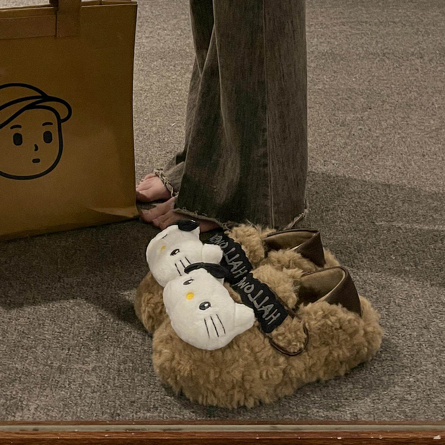 超火可爱KT猫加绒保暖雪地靴女2025新款秋冬厚底一脚蹬毛毛棉鞋子