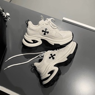 真皮十字花厚底老爹鞋 休闲运动鞋 女春季 透气跑步鞋 新款 增高7.5cm