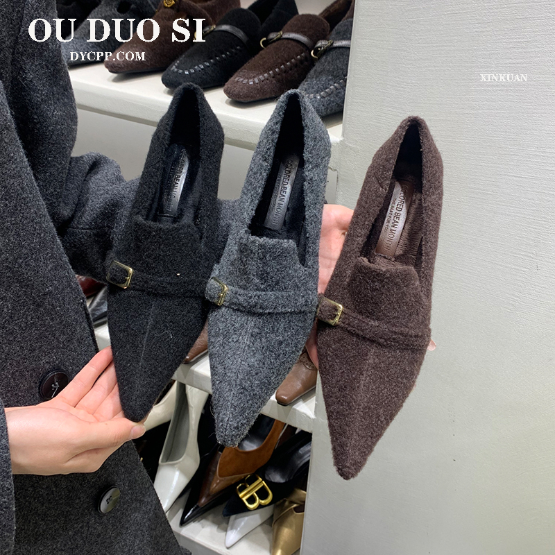 5公分！尖头加绒毛毛鞋法式高跟鞋灰色系保暖棉鞋冬季黑色宴会鞋