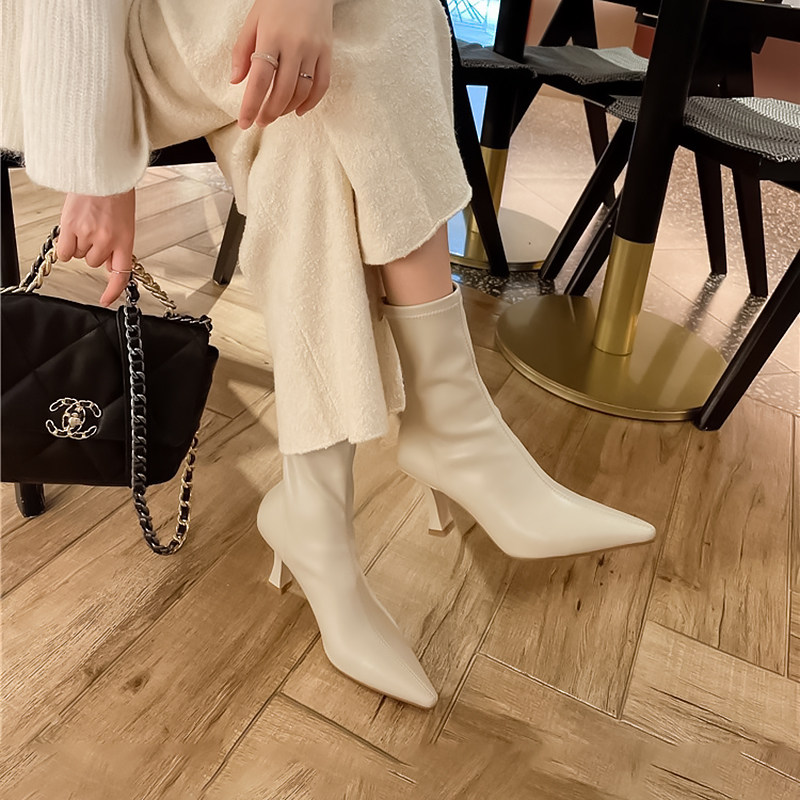 迪丽米迪 高跟鞋女秋冬显瘦尖头瘦瘦靴2024年新款白色高跟短靴女,女鞋,时装靴,淘宝优惠券,粉丝福利购,淘宝优惠卷