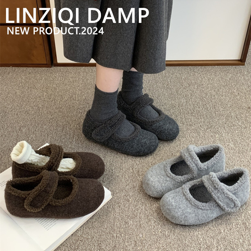 加绒玛丽珍鞋女冬毛毛鞋2025年新款内增高毛呢料配大衣勃肯棉鞋子