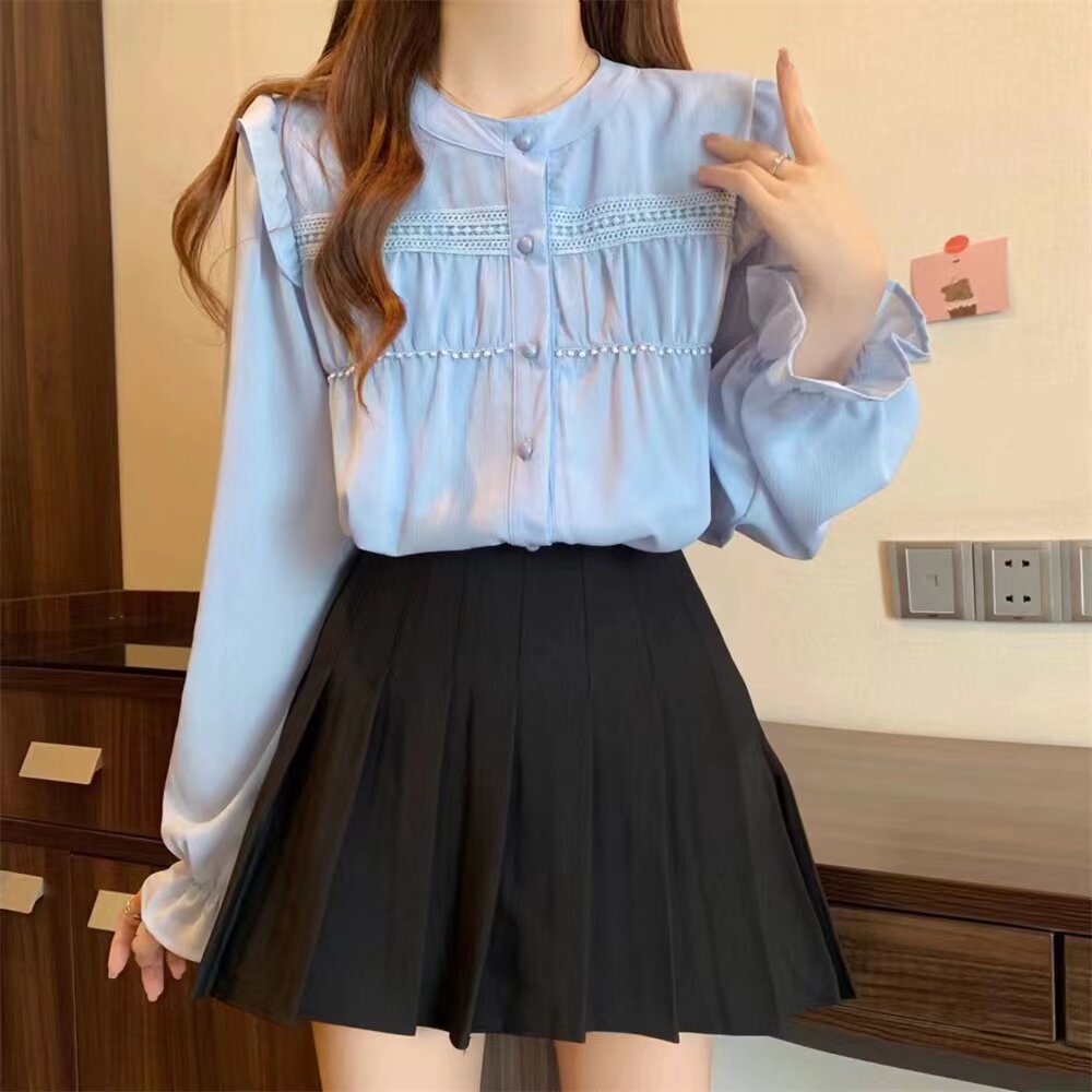 初秋蓝色喇叭袖雪纺衬衫长袖圆领法式上衣女