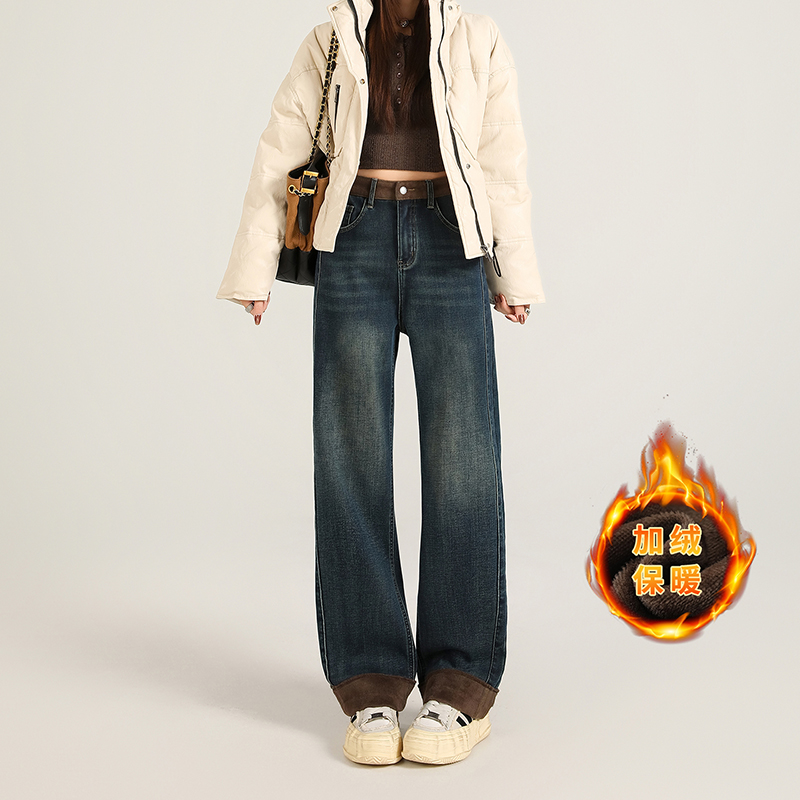 秋冬款直筒宽松牛仔裤女加绒加厚保暖弹力高腰显瘦小个子九分长裤