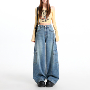 FASHION JEANS春季新款高腰工装牛仔裤女直筒宽松显瘦阔腿长裤子