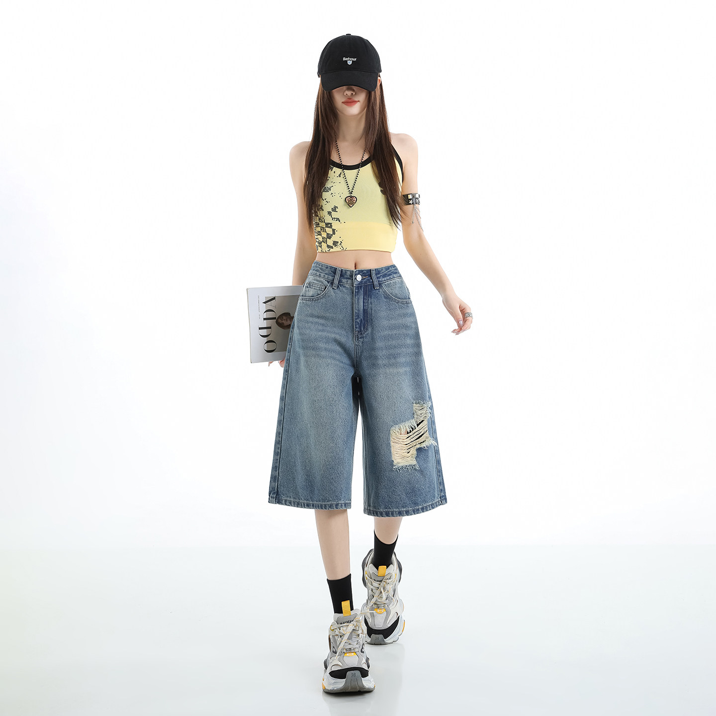 FASHION JEANS夏季牛仔七分裤女割烂破洞做旧中裤宽松直筒阔腿裤