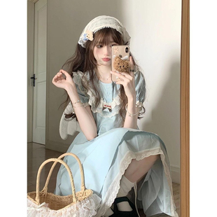 热爱送蕾丝三角巾法式复古气质花边连衣裙轻lo女夏季收腰显瘦裙子