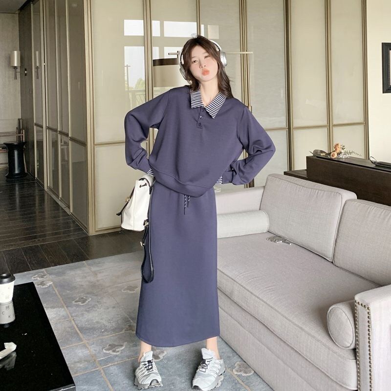 大码女装胖mm韩版翻领假两件长时尚套装