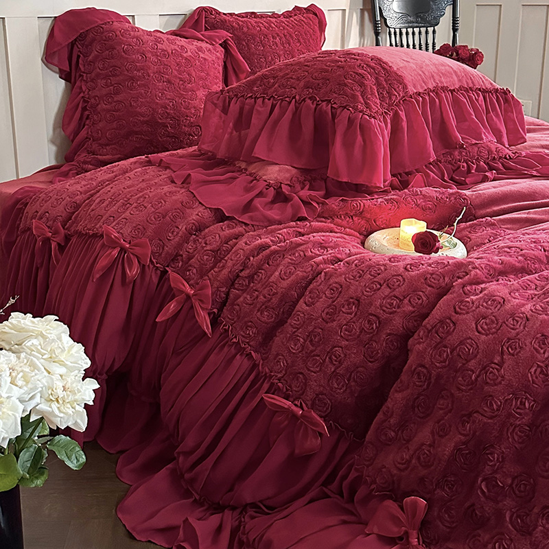 法式浪漫婚庆牛奶绒四件套冬季保暖珊瑚绒公主风被套毛绒结婚床品