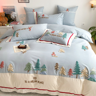秋冬季 全棉磨毛四件套纯棉100s加厚被套森林系小清新儿童床上用品