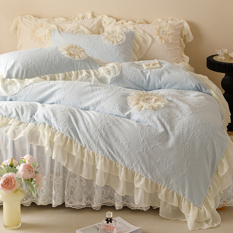 韩版花边A类牛奶绒床裙四件套双面加绒珊瑚法兰绒冬季加厚被套罩4
