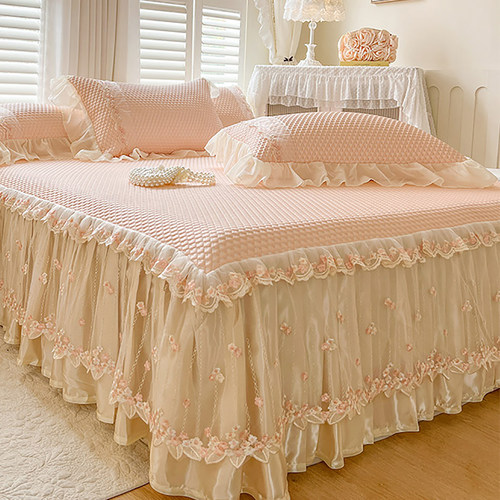 法式夏季凉感豆豆冰丝凉席三件套公主风蕾丝边床裙可机洗空调软席