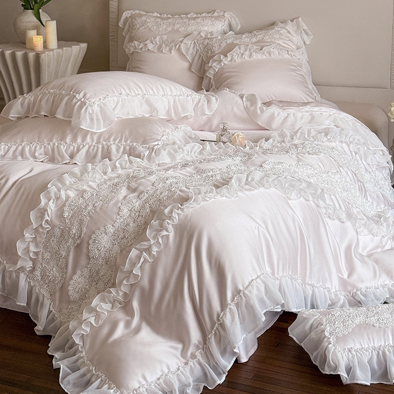 夏季法式公主风天丝四件套少女心蕾丝被套凉感丝滑冰丝床品红粉色,床上用品,床品套件/四件套/多件套,淘宝优惠券,粉丝福利购,淘宝优惠卷