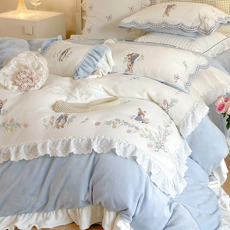 ins蕾丝兔子刺绣秋冬双面加厚保暖牛奶绒四件套毛毛绒珊瑚绒被套,床上用品,床品套件/四件套/多件套,淘宝优惠券,粉丝福利购,淘宝优惠卷