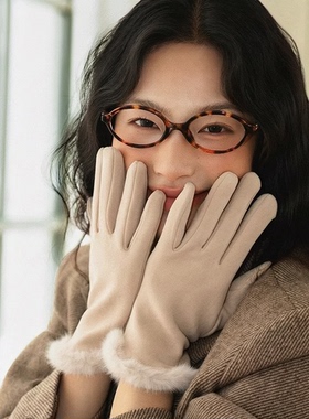 名媛千金风秋冬季手套加绒保暖防寒可触屏轻奢薄绒毛口手套女气质