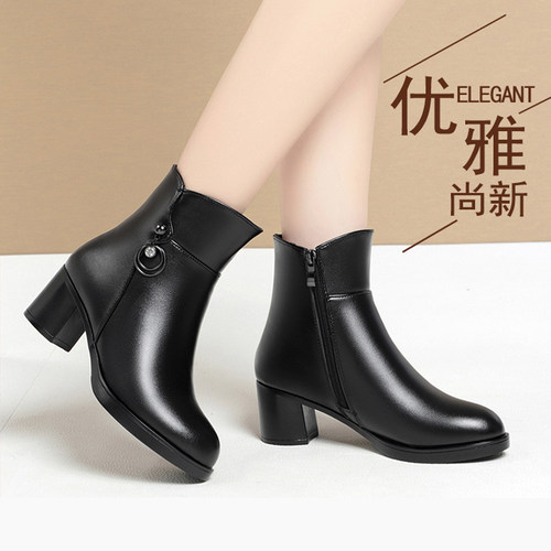 真皮女单靴短靴中跟女棉鞋妈妈鞋
