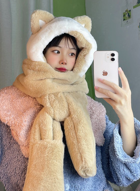 圣诞小球猫耳朵帽子围巾手套一体