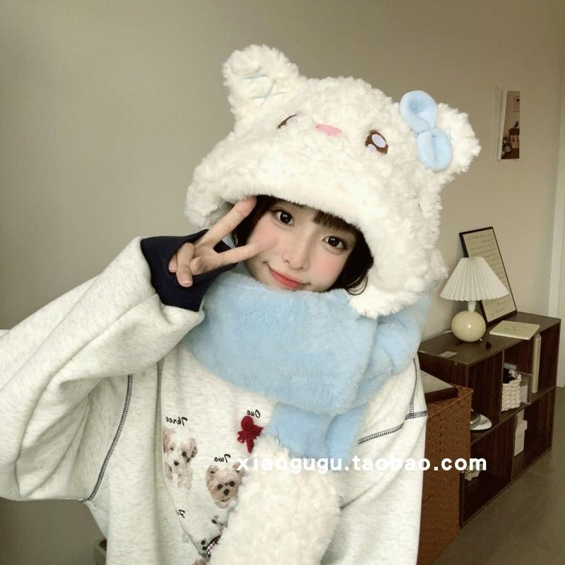 冬季新款卡通可爱月白蓝猫咪帽子围巾手套一体女生保暖护耳套头帽